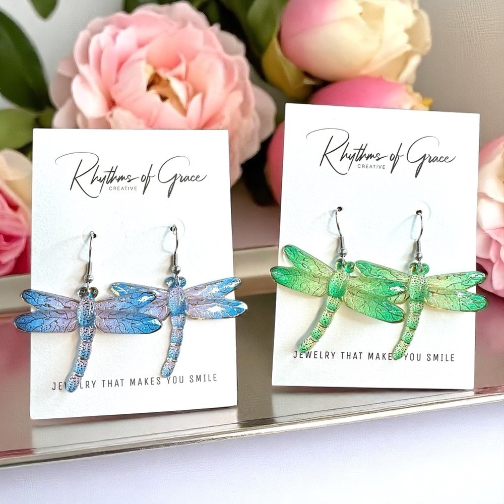 Dragonfly Statement Earrings Blue or Green | Nature Inspired Jewelry